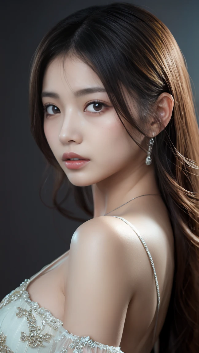 Create and express the best shining composition of the person in a realistic way。((masterpiece))、(((top-quality)))、((ultra-detailliert))、(A hyper-realistic)、(highly detailed CGillustration)、(extremely delicate and beautiful)、Girl a masterpiece、top-quality、Realistic skin feeling、Realistic fabric、We will introduce a realist illustration focusing on the center front of girls with realistic and ultra-detailed eyes.。This is the absolute rule, and the following sentence expresses the image quality。 The greatest painter in human history meets an unparalleled beauty、It is the greatest masterpiece in the history of the Inuiku Ichigo, which depicts the most beautiful figure of a lifetime.。 Create stunning anime artwork that is currently trending on seaStation、Introducing exquisite beauty and seductive aesthetics。jeweled dress