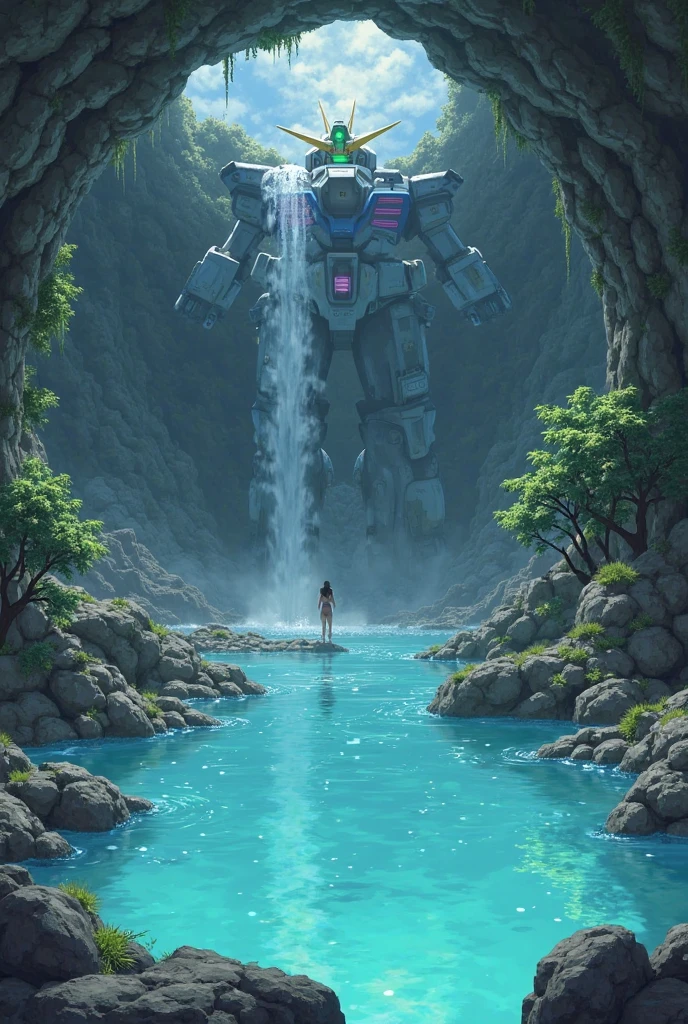 Large underground space、Gundam's upper body soaking in hot springs