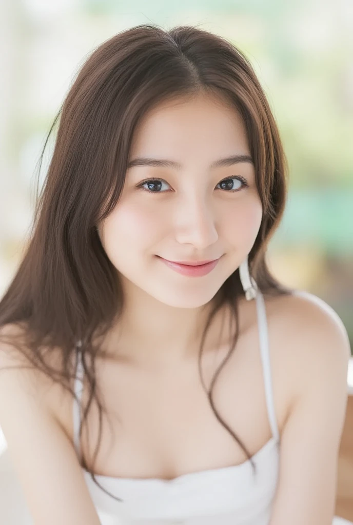 Realistic, Best Quality, Girl, Young Adult Woman Who Looks Like a High School Girl, High Resolution, Natural Skin, Portrait, Looking at Camera, Photo_Light, {{}}, Ulzzang-6500-v1.1:0.8 Facing forward, standing upright, no make-up, in front of an inorganic white wall indoors, white string bikini, wide eyes, serious and honor student aura, smiling.