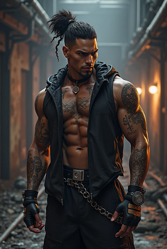 a ripped muscular male deity with bare chest, short black hair, beard, piercing purple eyes, glasses, cloth wrapped around wrists, intricate tattoos on chest, lip piercings, masterpiece, highly detailed, cinematic lighting, volumetric fog, dramatic pose, chiaroscuro lighting, moody atmosphere, vibrant colors, digital painting, concept art style