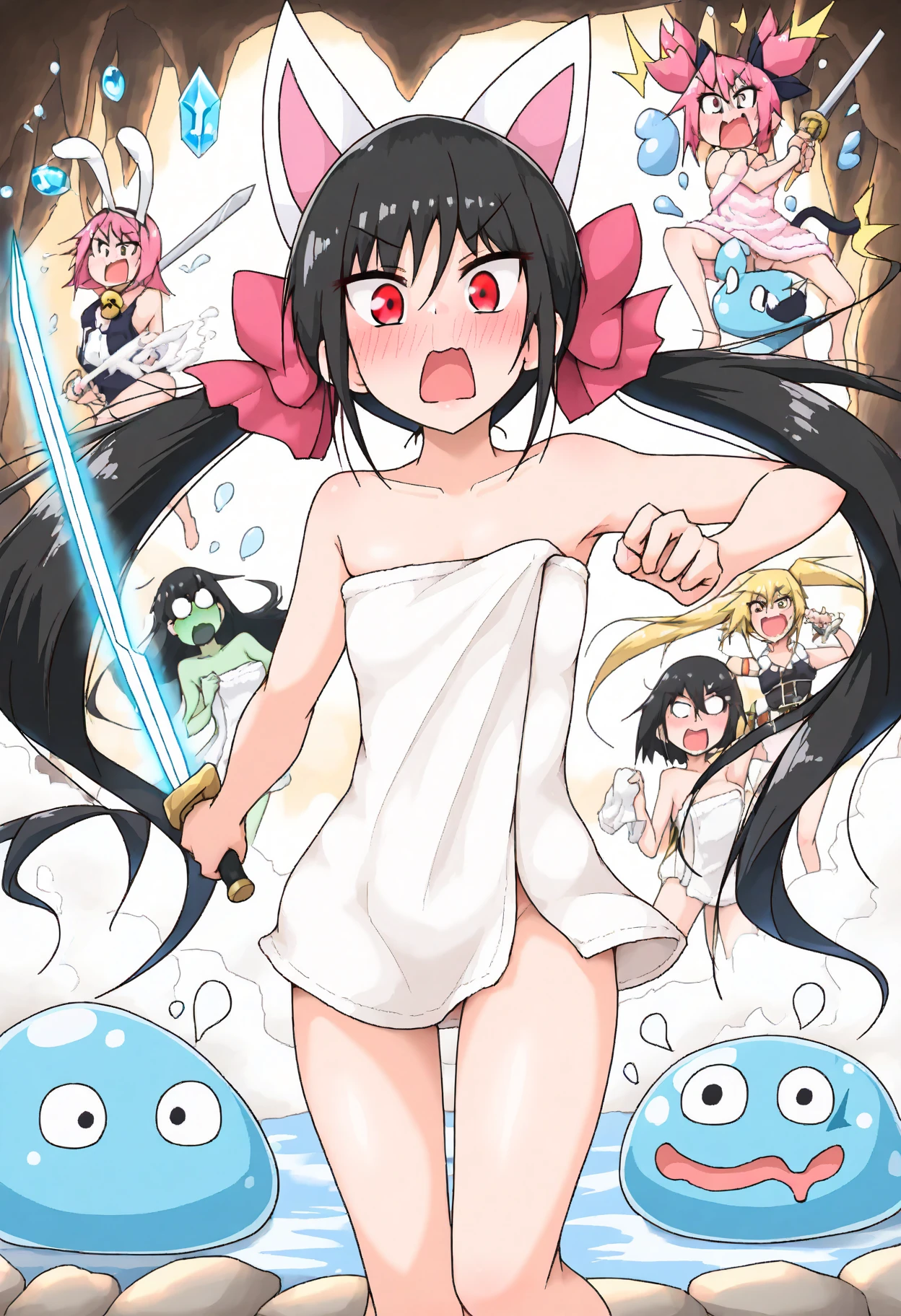 masterpiece, best quality, ultra-detailed, cute, (navel), (mons pubis:1.5), (pussy line:1.5), (groin:1.5), full body, Higurashi Kagome, wearing a sailor uniform that only covers her chest, stands next to a heart on a pink background, showing her navel, (pussy: 1.5), thighs, knees, shins and feet, 2girls, (bottomless: 1.5), long hair, large (breasts), one eye closed, brown eyes