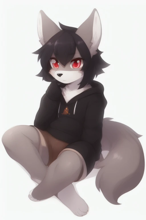 Anthropomorphic young 8 year olf male black fox, red eyes, twirl tails, fullbody view, solo, lying on floor, white background, digital art, lifting his shirt, touching his hip, seen from the back, wearing a teal t-shirt and long teal socks with white stripes and teal panties, looking at viewer, pantiees lowered, very worried face, blushed, bulge.
