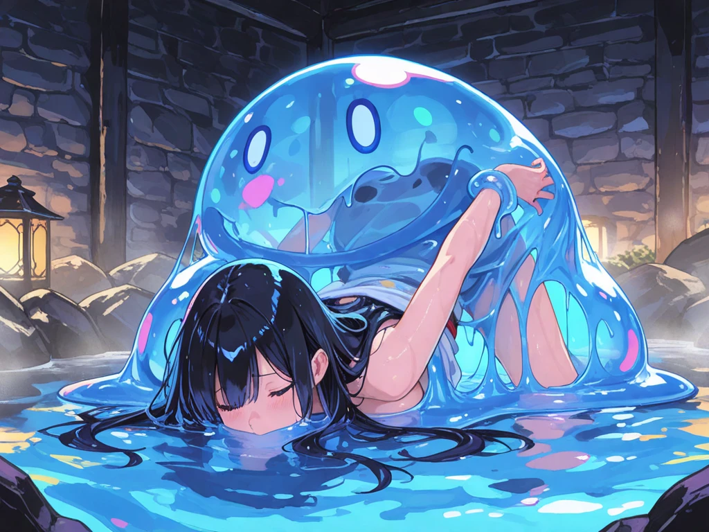 masterpiece, best quality, dungeon hot spring, actually a slime trap mimicking, 1 girl, black long hair transparent blue slime, fixed in slime, face to ground, arm held back, vibrant colors,  partly submerged, ecstasy, doggy style,