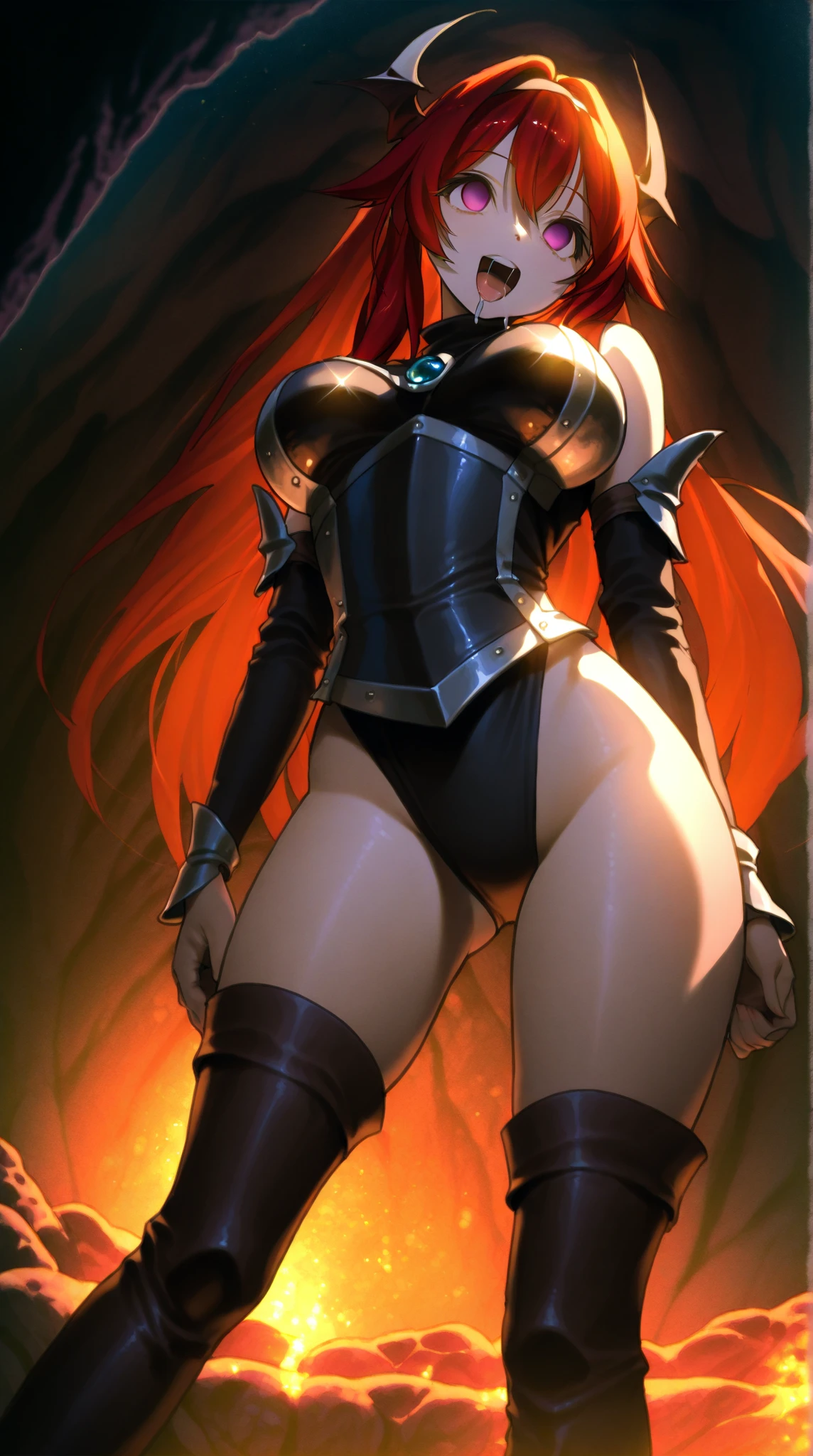 Masterpiece, best quality, full hd 8k, highly detailed, picture perfect, solo, 1 woman, mature, medium breasts, golden eyes, long red hair, mischievous look, mischievous smile, sharp teeth, gentleman, standing, legs apart , full body, revealing clothing, micro bikini armor, nude armor, plush cape, excessive female pubic hair, partially visible vulva, shoulder armor, shoulder pads, armor heel boots, sabaton, greave, poleyn, tasset, lame, bracers, gauntlet, couter, rerebrace, nfsw