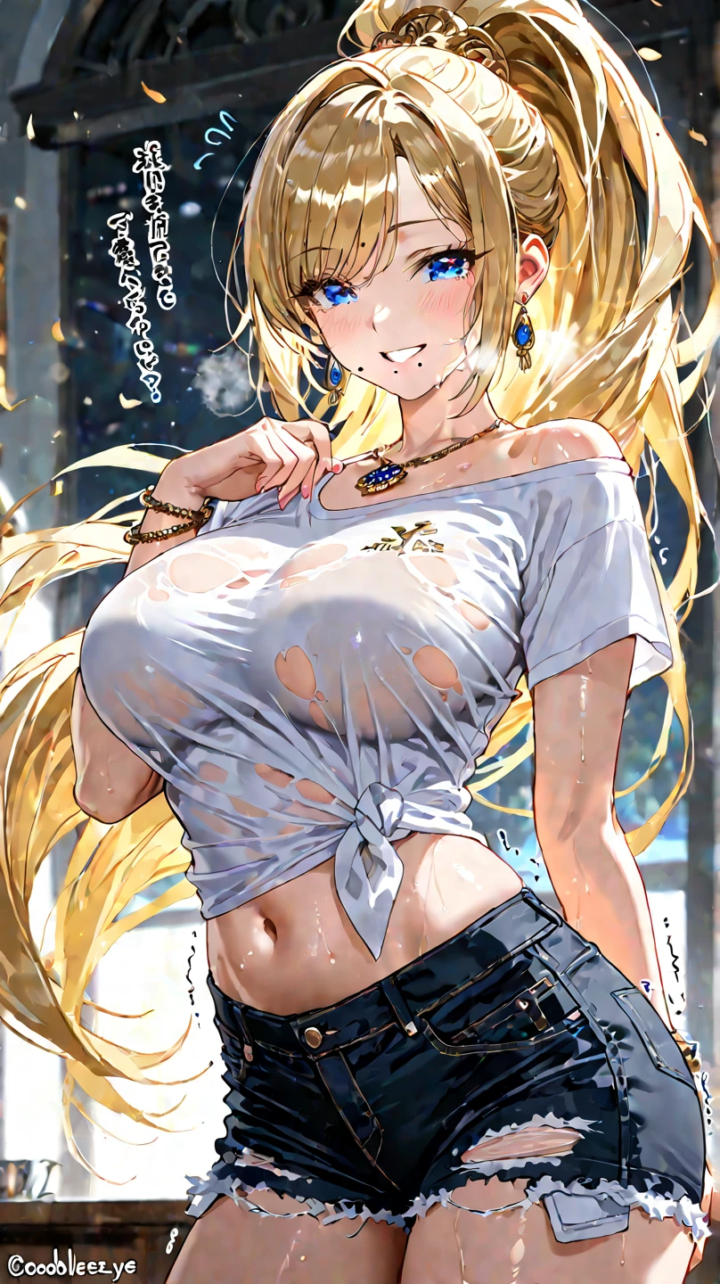 (masterpiece、Highest quality、Very detailed))、One girl、((Brown skin:1.3))、Blonde、Long Hair、straight hair、Grey Eyes、evil smile、((Grin))、((lots of piercing))、((Large Breasts))、((White shirt))、((open clothing:1.2))、((leopard print bikini))、((denim short shorts))、Cowboy Shot、Seaside Background