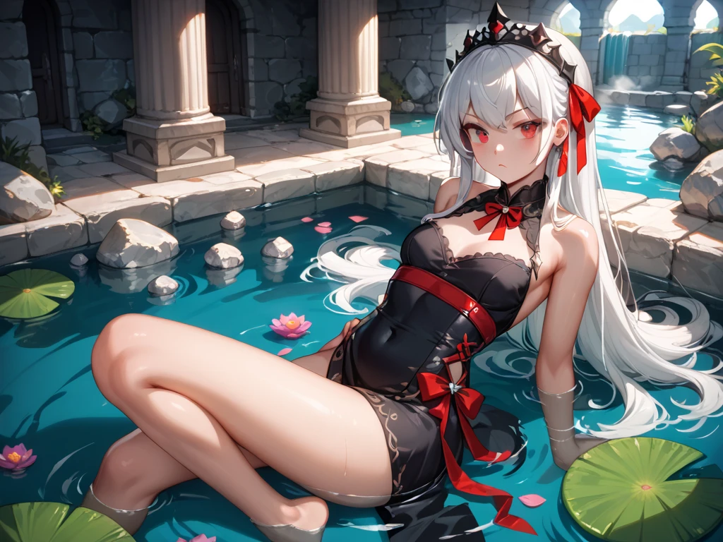 [(transparent background: 1.5)::5],(((masterpiece))),(((best quality))),(((extremely detailed))),illustration,1girl,solo,mysterious,vivid color,shiny ,Underwater transparent sealed hemispherical glass dome,white hair,red eyes,full body,bare feet,long hair,peaceful nature,koi fish,underwater,dome,close-up,dynamic action,lens perspective,(((Box composition))),(((Box composition))), Sitting crossed-legs leaning on the bookshelf,, (detailed face: 1.2), shining eyes, looking at the audience, (PureErosFace_V1:0.8), cityscape, 1girl, solo, bodysuit, (fishnet pantyhose | strapless dress :0.8), wet,, looking at viewer, (eyelashes: 1.1), (happy: 1.21), (depth of field: 1.1), lens flare, (chromatic aberration: 1.1), (caustics: 1.1), (scattered night light Petal: 1.331), (style-gbf: 0.75), (high detail face: 1.1), tiktok, dynamic angle, (wide angle: 1.1), (portrait: 0.5)