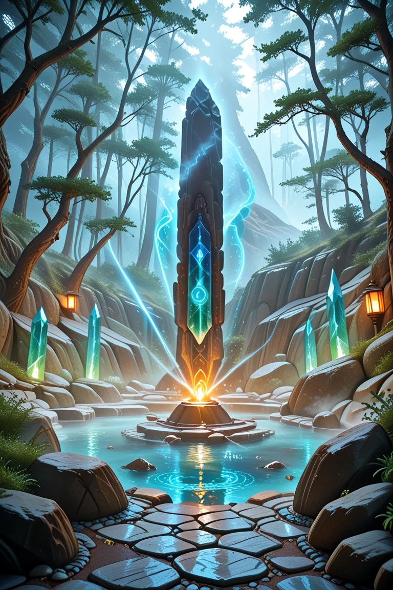 Accidentally uncovering a hidden hot spring copy deep in the forest, mystical steam rising into the air, glowing minerals embedded in the stone walls, ancient symbols faintly carved into the rock, crystal-clear water with a faint bluish glow, strange energy pulses in the air, a lone traveler staring in awe at the mysterious spring, warm light reflecting on their face, uncertain if it brings healing or danger, magical atmosphere, fantasy environment, high detail, cinematic lighting, 4K, epic fantasy art style