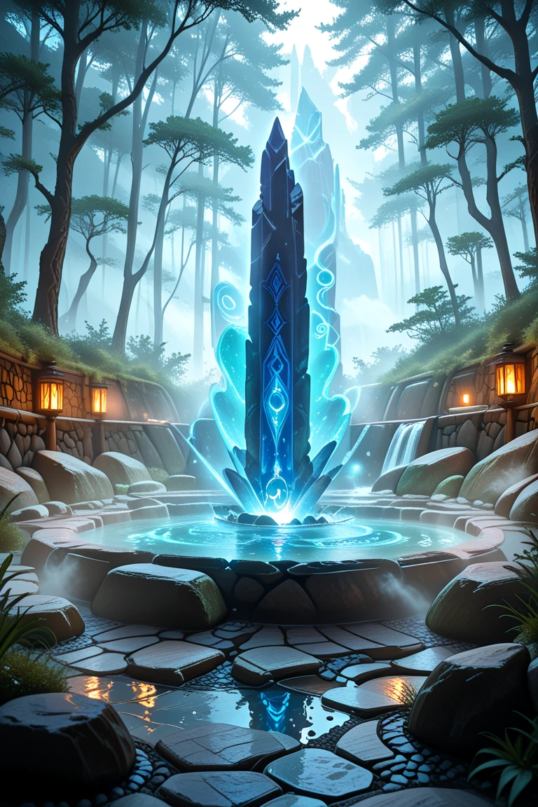 Accidentally uncovering a hidden hot spring copy deep in the forest, mystical steam rising into the air, glowing minerals embedded in the stone walls, ancient symbols faintly carved into the rock, crystal-clear water with a faint bluish glow, strange energy pulses in the air, a lone traveler staring in awe at the mysterious spring, warm light reflecting on their face, uncertain if it brings healing or danger, magical atmosphere, fantasy environment, high detail, cinematic lighting, 4K, epic fantasy art style