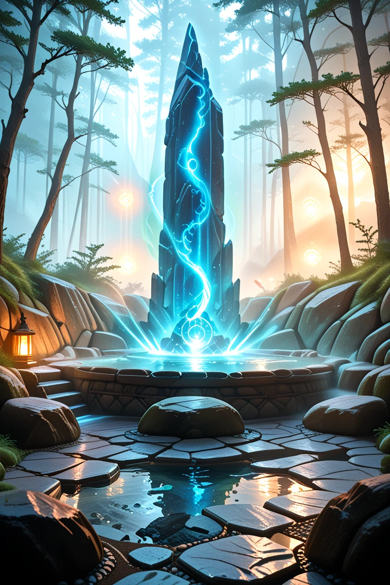 Accidentally uncovering a hidden hot spring copy deep in the forest, mystical steam rising into the air, glowing minerals embedded in the stone walls, ancient symbols faintly carved into the rock, crystal-clear water with a faint bluish glow, strange energy pulses in the air, a lone traveler staring in awe at the mysterious spring, warm light reflecting on their face, uncertain if it brings healing or danger, magical atmosphere, fantasy environment, high detail, cinematic lighting, 4K, epic fantasy art style