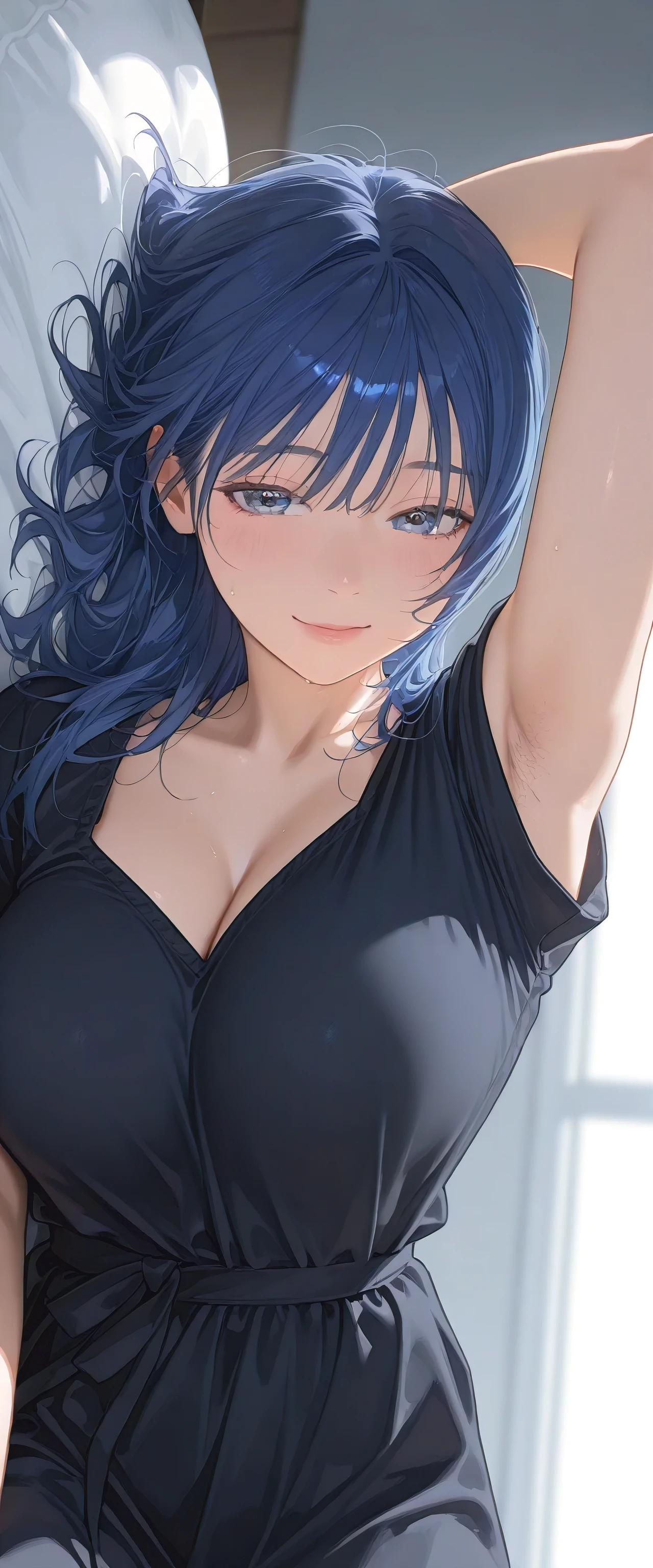 armstb,armpit stubble,Young man with long blue hair, black dress wearing a short sleeve blouse,Reclining, cold light, relaxed expression, realistic skin, subtle focus on the armpit, soft texture on the skin, seen from above, close side angle, intimate frame , faded background,big breasts,armpit with a lot of stubble of hair