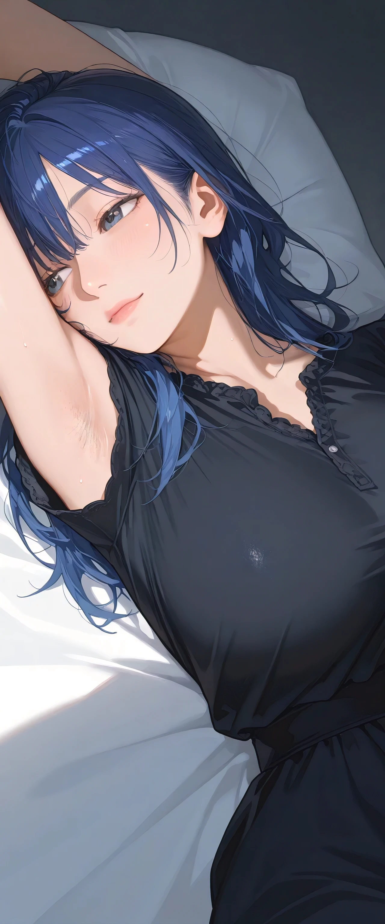 armstb,armpit stubble,Young man with long blue hair, black dress wearing a short sleeve blouse,Reclining, cold light, relaxed expression, realistic skin, subtle focus on the armpit, soft texture on the skin, seen from above, close side angle, intimate frame , faded background,big breasts,armpit with a lot of stubble of hair