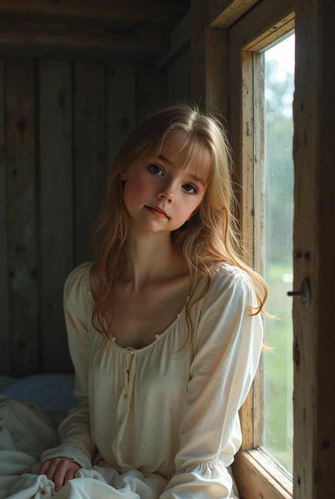 Night atmosphere, 19 year old girl, sad face, living doll youngful face, clear pale white skin, rosy cheeks and lips, big blue eyes, messy wavy hair, very long light golden brown hair, mugshots, wearing maid outfit, hotel lobby at night, clearly background
