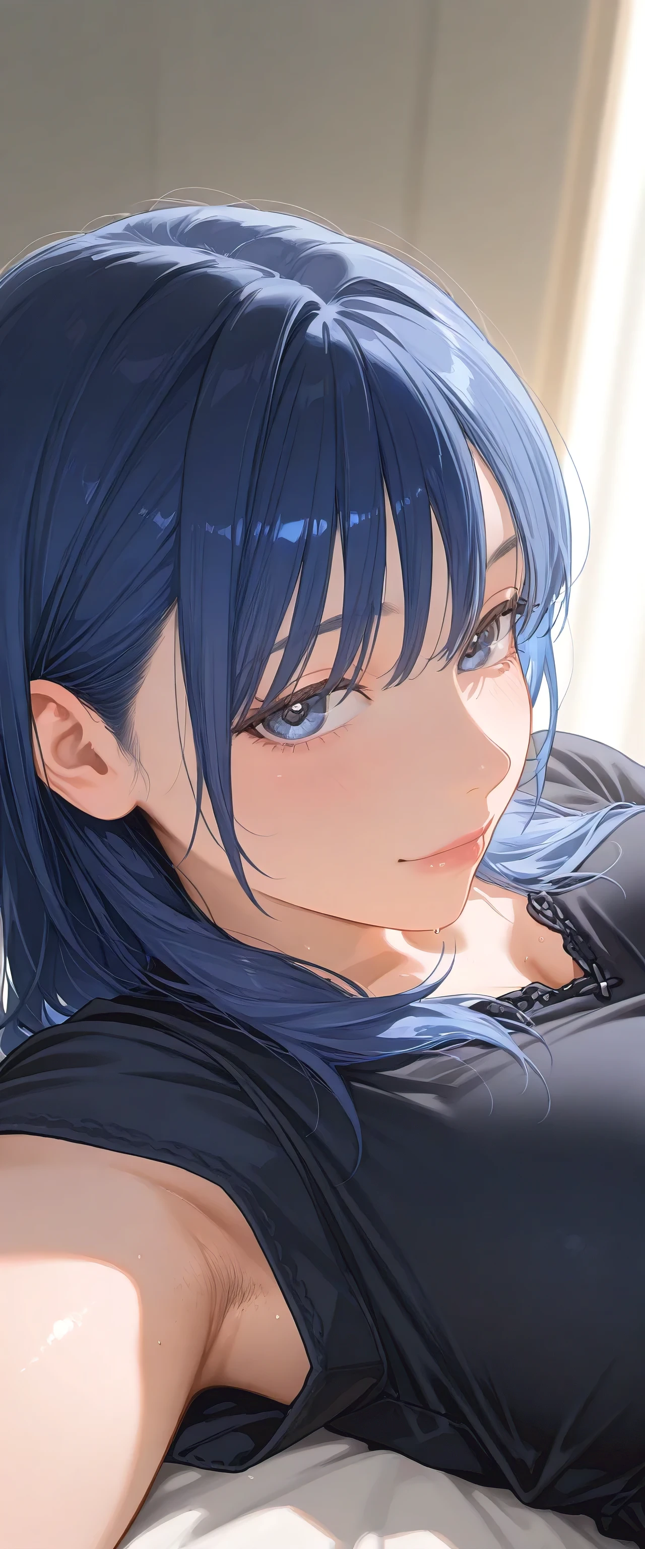 armstb,armpit stubble,Young man with long blue hair, black dress wearing a short sleeve blouse,Reclining, cold light, relaxed expression, realistic skin, subtle focus on the armpit, soft texture on the skin, seen from above, close side angle, intimate frame , faded background,big breasts,armpit with a lot of stubble of hair