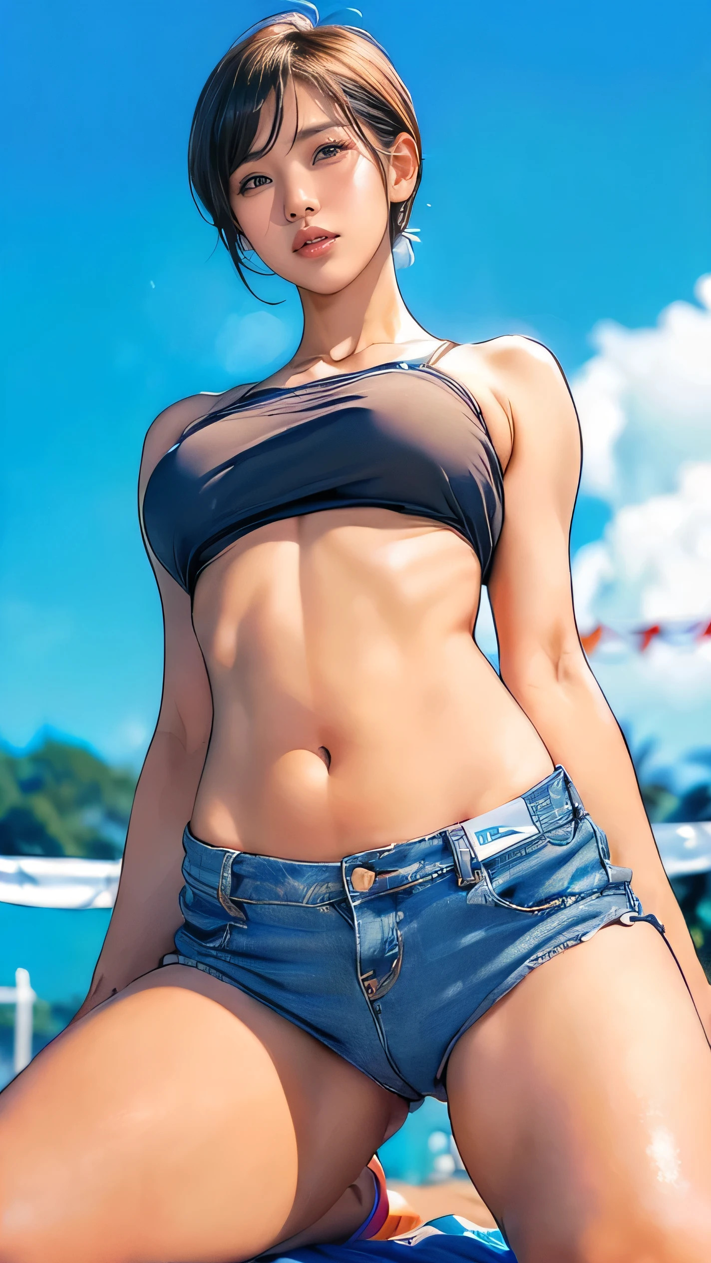 Women wearing transparent bikinis,A white bikini,Breast patches,Exposed clothing,Sensual and alluring,best qualityer,Red-faced,超高分辨率,tmasterpiece,delicated,Shocking,High gloss,ultra - detailed,Complicated details,8K,aquarelle,Panties are gone,Take off your bikini top,desire tattoo,Bigchest(D),angry look,quadratic element,huge tit,Raised chest,Close-up of the lower body,Transparent texture,Wet all over,watercolor paiting,Muscular female,Large areola,Muscle lines are pronounced。