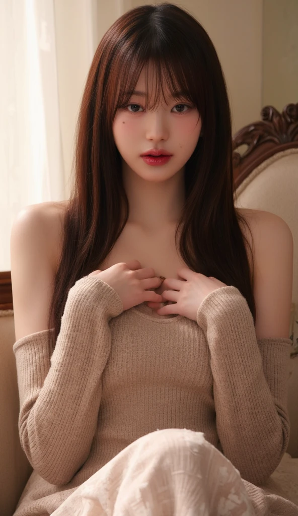long skirt,skirt,pink skirt, (knee shot), 1 woman, On the face, light brown hair, blunt bangs, hair behind ears, Hair over the shoulders, long hair, Slender body type, Super thin face, face slimming, delicate lips, beautiful eyes, Thin blush, Eyes are light brown,Check it out here, (realistic:1.3), There is a coniferous forest with heavy snow., It's snowing .One person's perspective, 8k, On the table, , Super detailed, high quality, best quality, High resolution, ,Large Breasts,H CUP, off -shoulder top