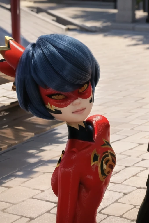 (((Full body view))), ((She is at the Eiffel Tower in Paris)), (best qualityer, super detaill, bright coloured, rich colors,1 call marinette,Her posture is beautiful, (Black Red Background Circle Spot Eye Mask), (Red round black tight dot background), Beautiful girl, she's looking at the camera,Double Horsetail Blue Hair,(Jewel as Blue Eyes: 1.3), popular,8K,High definition She has large breasts and wide hips, wearing a sleeveless button-up shirt. Her arms are raised with her hands clasped behind her head. Marinette has a relaxed expression with her mouth slightly open and a playful smile Posing to show off your armpits Increases arm fitness to the highest level