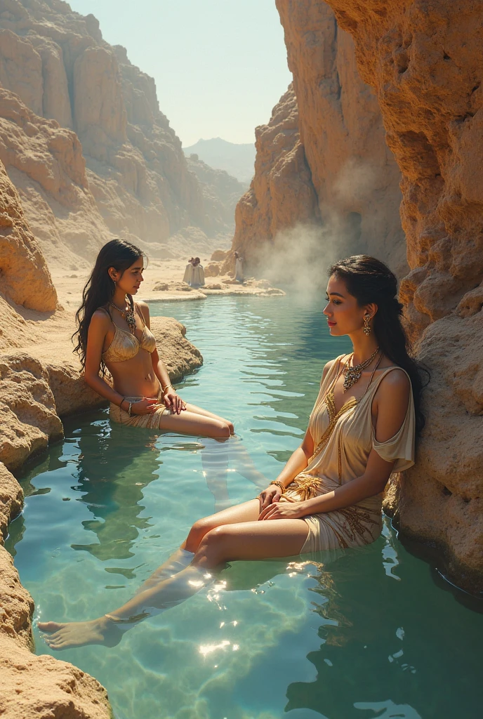 Create a wallpaper where Cleopatra, Nefartite and Aphrodite are sitting next to the Nile River while a mermaid swims in the background of the scene