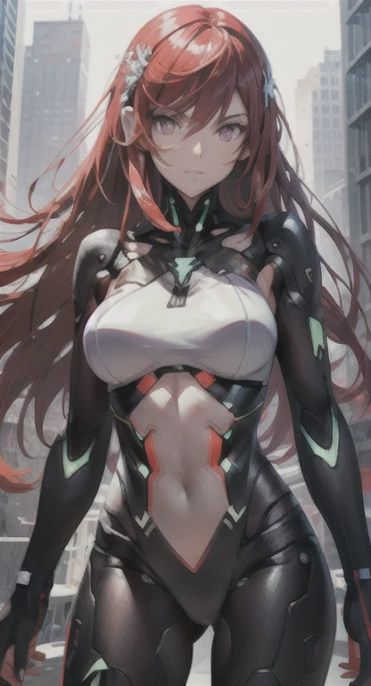 one anime girl, eve, black long ponytail, bodysuit, thick thighs, sexy pose white background