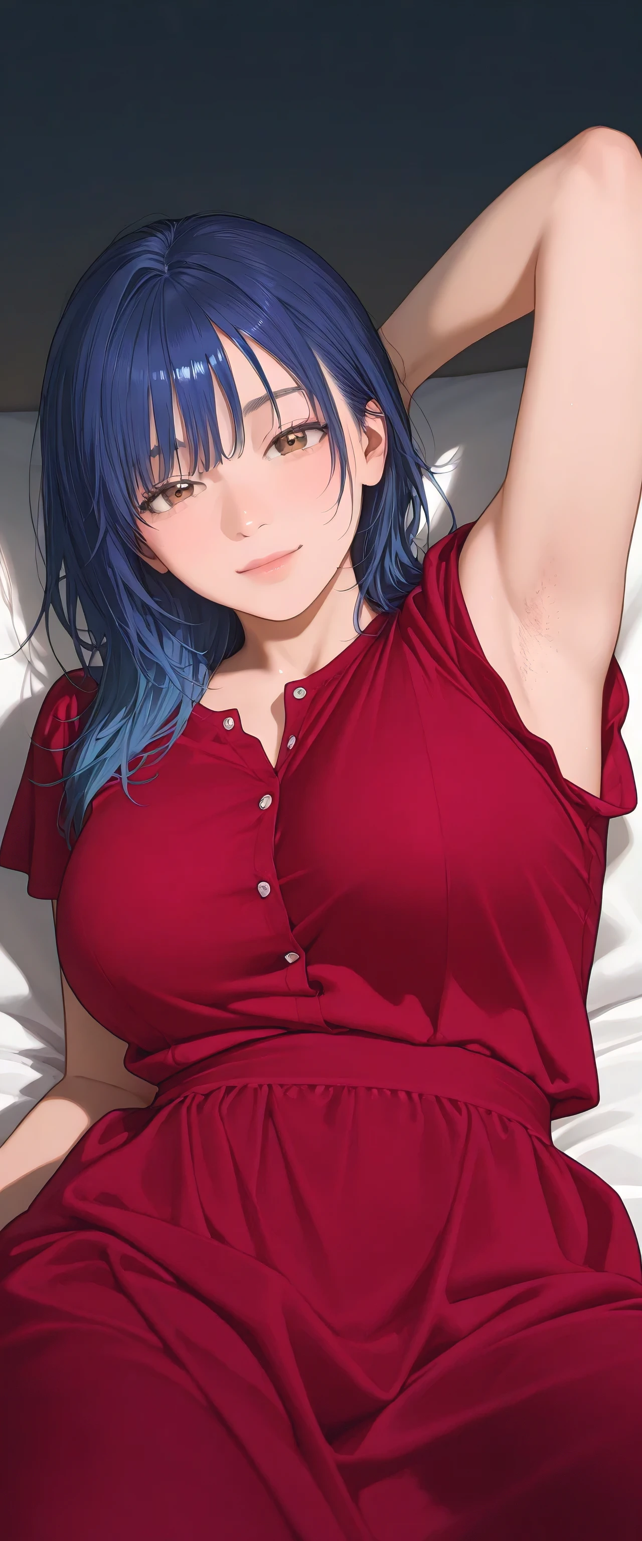 armstb,armpit stubble,Young man with long blue hair, red maroon colour dress wearing a short sleeve blouse,Reclining, cold light, relaxed expression, realistic skin, subtle focus on the armpit, soft texture on the skin, seen from above, close side angle, intimate frame , faded background,big breasts,armpit with a lot of stubble of hair