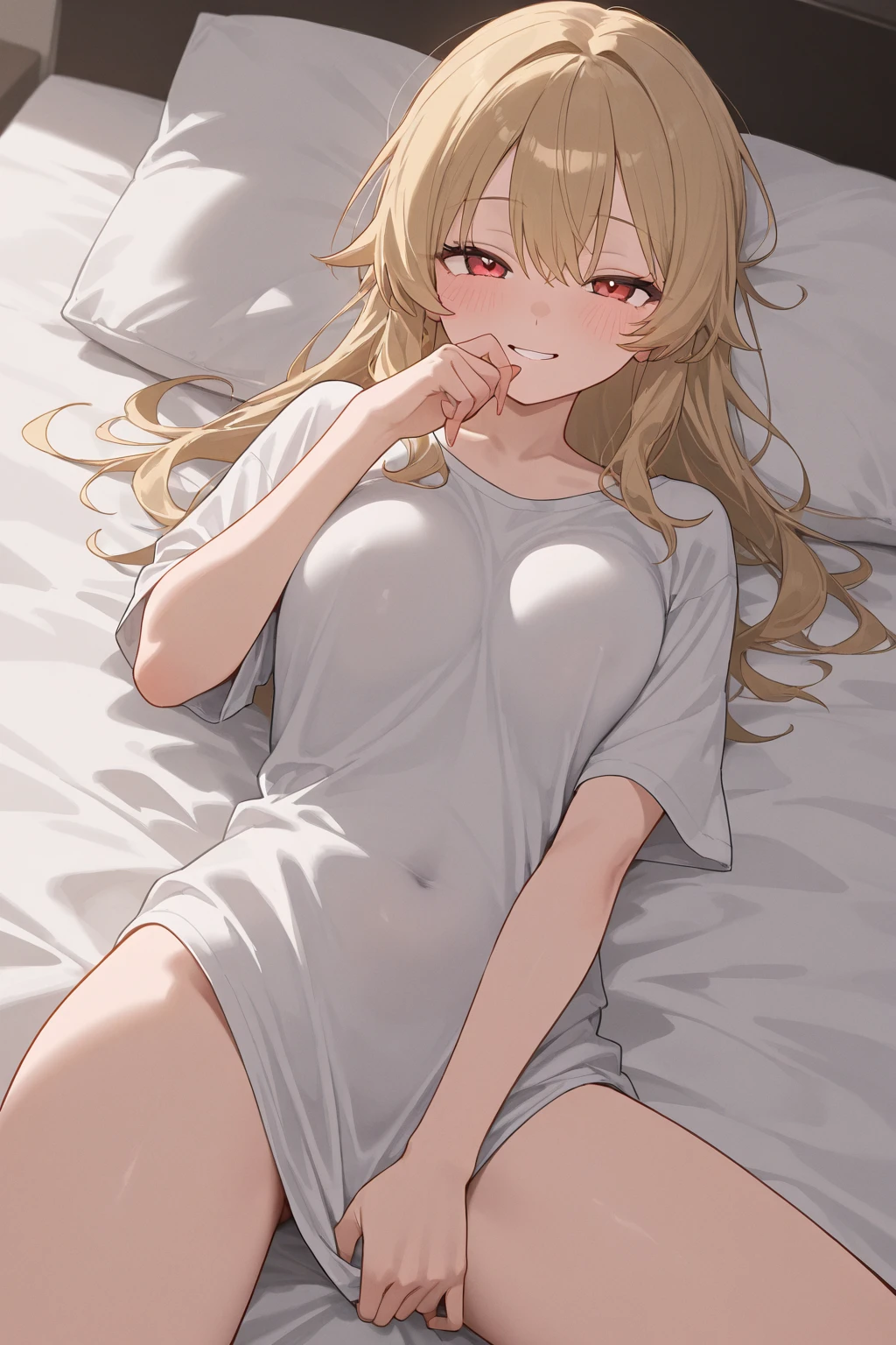 ((masterpiece)), (Highest quality), (detailed), (1 Girl),,Red eyes,Light brown hair、Long Hair、Wolf Ears、,bed、Large Breasts、blush、T-Shirts(tight)camisole、Long maxi skirt