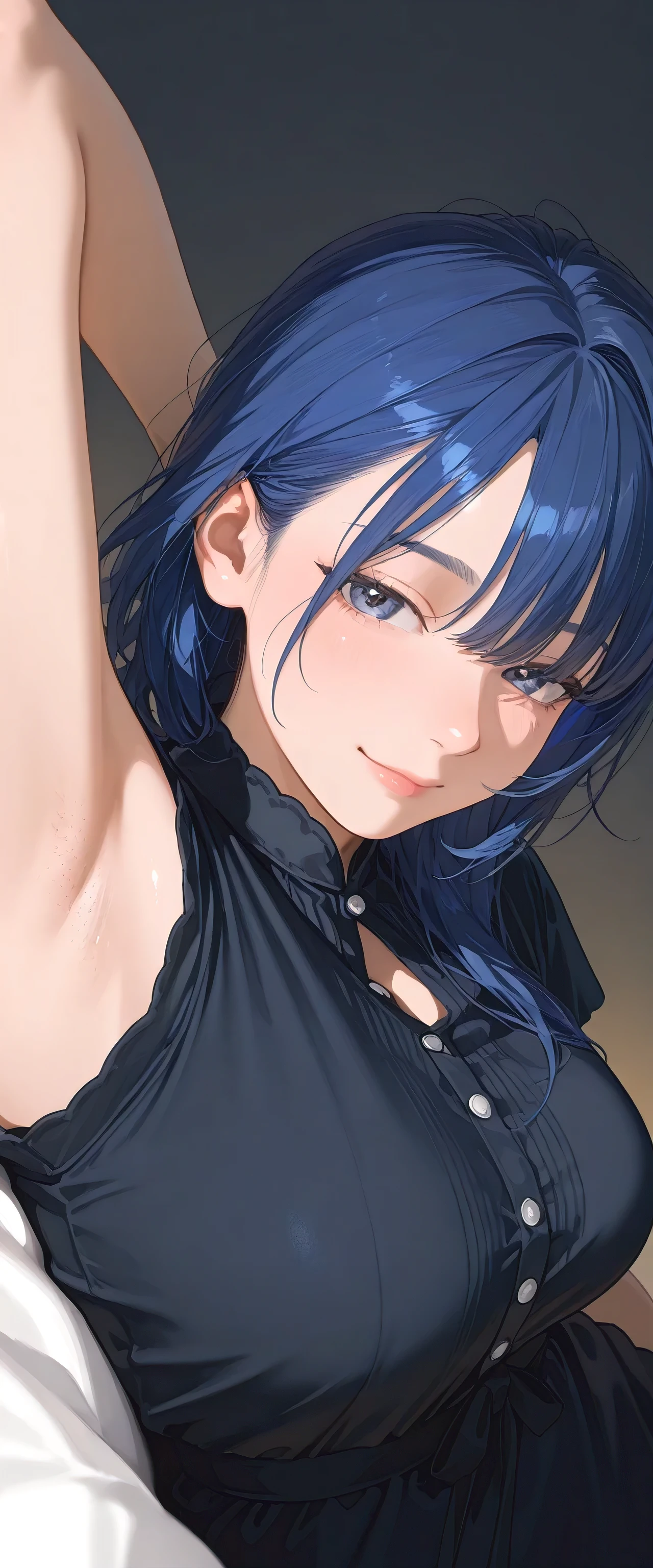 armstb,armpit stubble,Young man with long blue hair, black dress wearing a short sleeve blouse,Reclining, cold light, relaxed expression, realistic skin, subtle focus on the armpit, soft texture on the skin, seen from above, close side angle, intimate frame , faded background,big breasts,armpit with a lot of stubble of hair