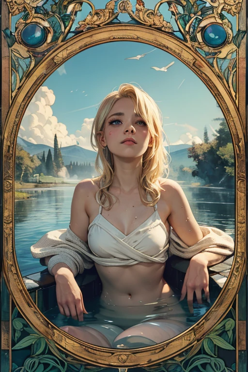 A woman alone with long platinum hair cascading in gentle waves over her shoulders. Her eyes are a deep gray, always shimmering with curiosity and intensity. Her skin is porcelain-colored(best quality, masterpiece, highres, soloby Kenket, by totesfleisch8, (by thebigslick, author:Silver Fox 5213:0.5), (By Syuro:0.2), (Masterpiece, 8K, Perfect ligthing, , Adult, Female, view the viewer, Cinematic lighting(masterpiece, high-quality), hyper-realism, Caravaggio-style, 8k Renaissance oil painting masterpiece, La Naissance Vénus (1879) by William-Adolphe Bouguereau style, Baroque aesthetics, Venus de Botticelli, demons and angels, renaissance art style. (style: The_Rap_of_the_Daughters_of_Leucippus_de_Peter_Paul_Rubens.),(style: Godfrey_Kneller_em_1689.),high resolution,painterly, Baroque style, chiaroscuro, dynamic composition, dramatic lighting, rich colors, detailed texture, divine expression, scene, floating scene --s3, ,)(RossDraw 2.5:0.4),(KDA:0.4),(WLOP:0.4),(Sakimichan:0.4),(watercolor:0.6), ((nude))