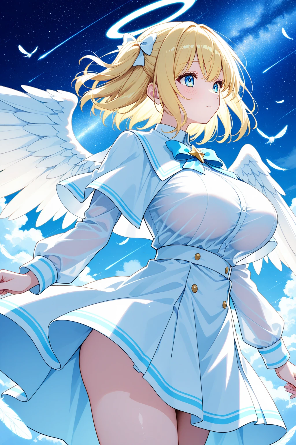 best quality, amazing quality, very aesthetic, 1girl, saber, fate/stay night, 1girl, saber, fate/stay night, , (artist official art:1.5), ahoge_hair, green eyes, steaming body, trembling, large breasts, jitome, cinematic light, official_royal_dress, big_dragon_wings, flying, on the sky, happy, smile, blush, night, looking_at_viewer, oily_skin, cool