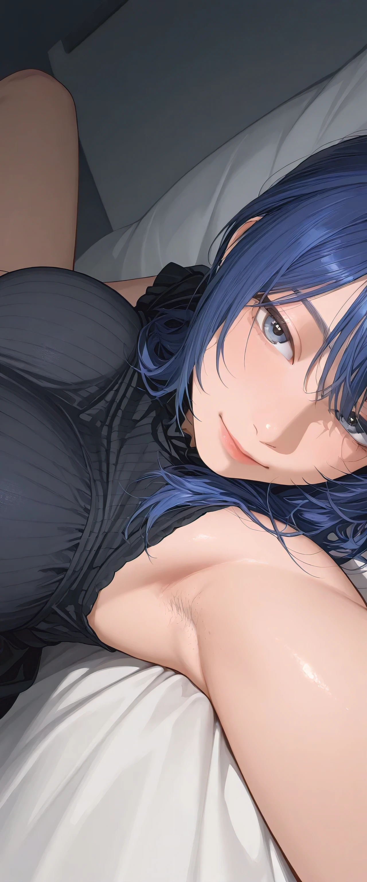 armstb,armpit stubble,Young man with long blue hair, black dress wearing a short sleeve blouse,Reclining, cold light, relaxed expression, realistic skin, subtle focus on the armpit, soft texture on the skin, seen from above, close side angle, intimate frame , faded background,big breasts,armpit with a lot of stubble of hair