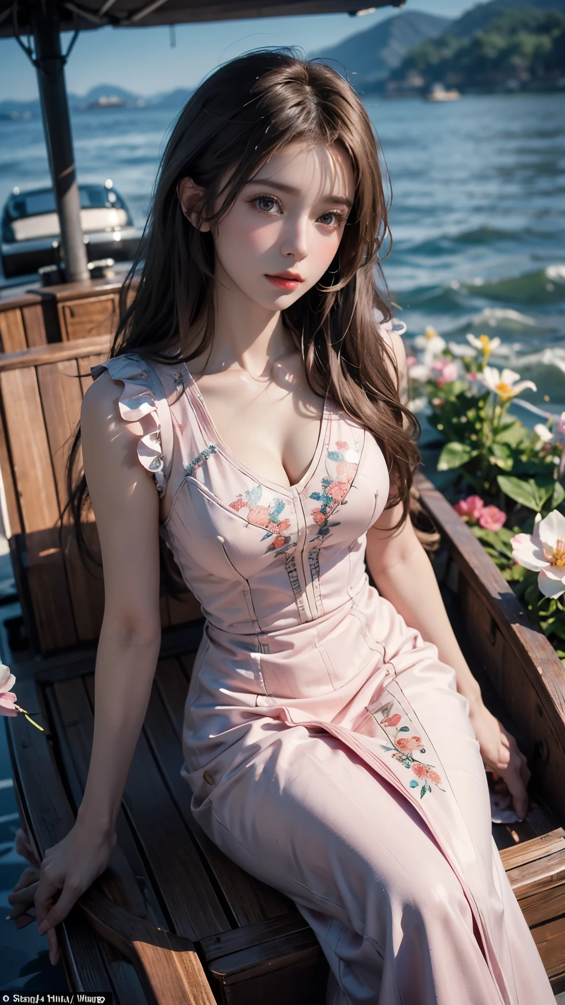 Woman, look at viewr, french braid hair , Flower Holter Dress, cleavage, Garden landscape design, (Rim Light)