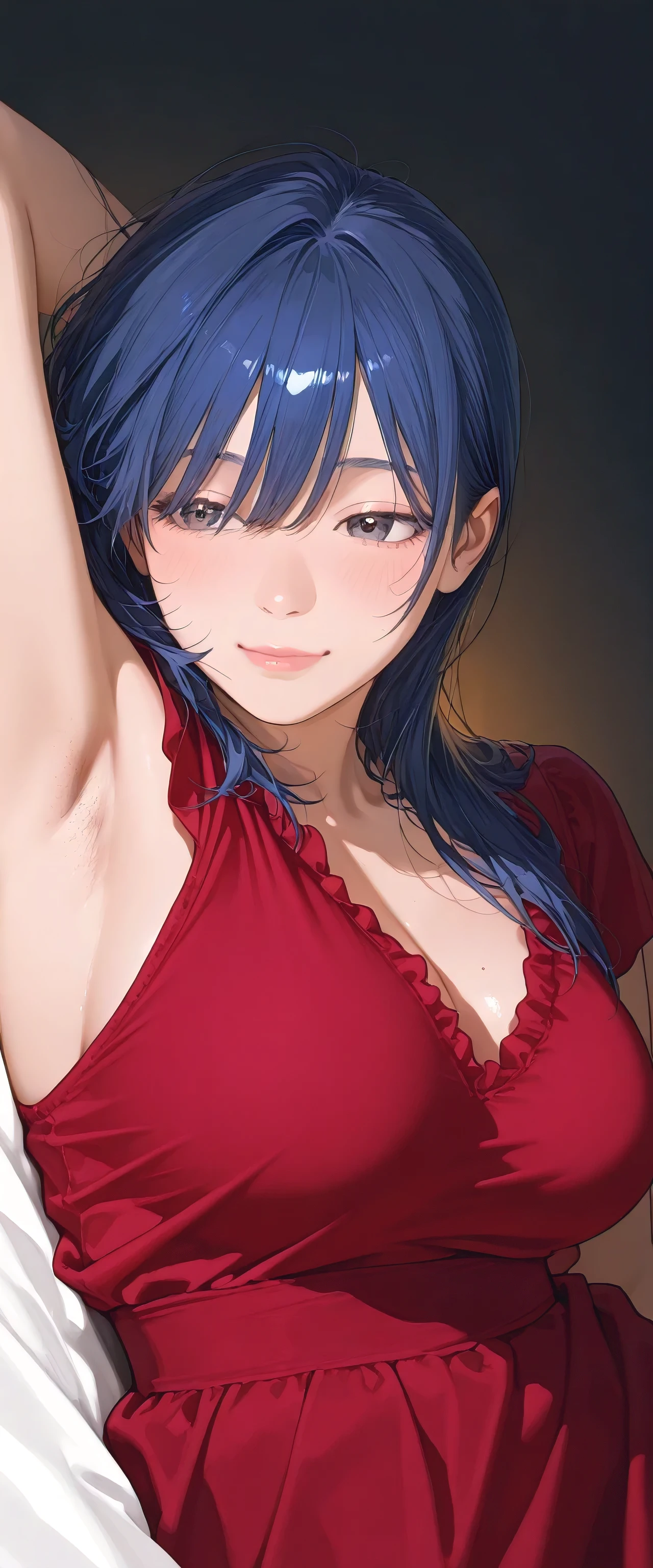 armstb,armpit stubble,Young man with long blue hair, red maroon colour dress wearing a short sleeve blouse,Reclining, cold light, relaxed expression, realistic skin, subtle focus on the armpit, soft texture on the skin, seen from above, close side angle, intimate frame , faded background,big breasts,armpit with a lot of stubble of hair