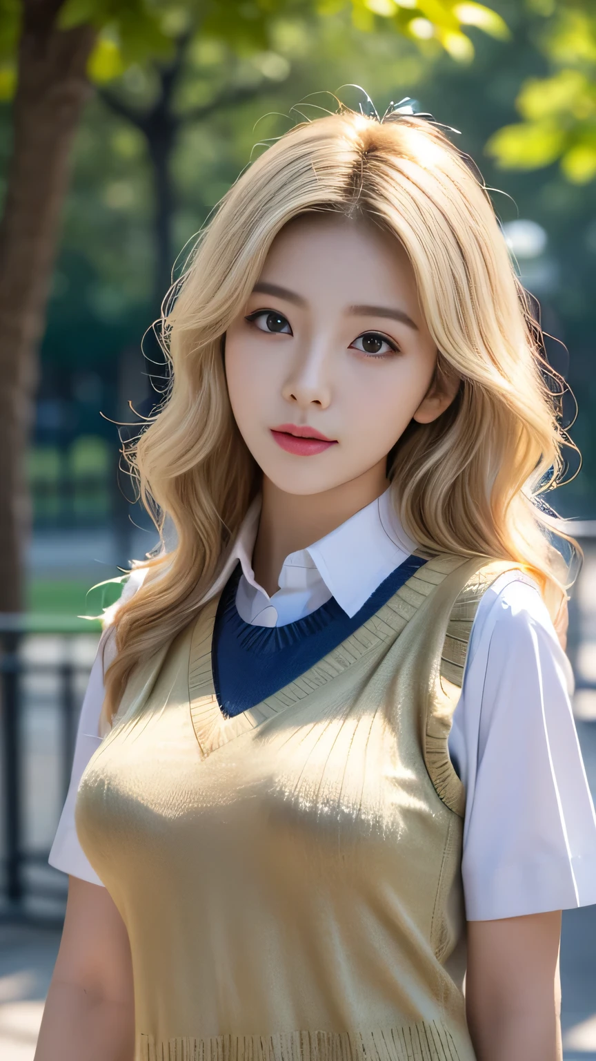 730717681 Only one woman, alone, blonde、Shining beautiful skin、big breasts、outstanding style, front tie blouse、sunny day