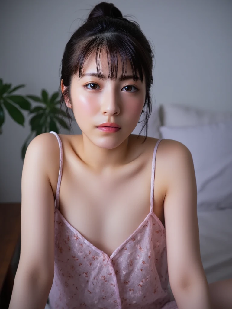 ((of the highest quality, 8K, masutepiece: 1.3)), Beauty, 1 Japan Girl, Big: 1.3, dark brown hair, (Open legs: 1.2), detailed face, very detailed lips, Detailed eyes, Double eyelids, open yukata, Sweaty skin: 1.2, ((from above: 1.5)), sexy