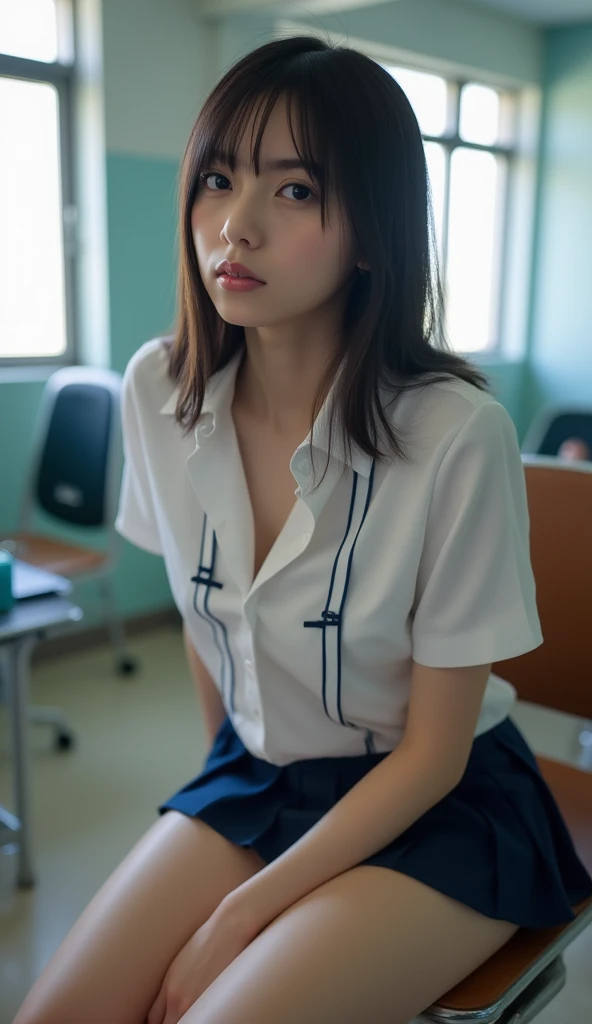 ((masterpiece, best quality)),1girl, solo, futuristic school uniform, white and yellow school uniform, school, pleated skirt, landscape, knees, mature body, adult body, thighs, annoyed face, arguing, anger, arguing, classroom, plastic chair, sitting, legs crossed, arms crossed, see-through, sideways, from directly above, indoors, shiny skin, mature body, huge breasts, black striped hair, long hair in braids, unkempt hair, Headband, tsurime, looking at the audience, indoors, long skirt, half-height slippers, high-heeled sandals, sweeping bangs, ahoge, alternating hairstyles, long hair, black and white bicolor hair, black and white hair, color separation hair, light mixed white and brown hair, colored hair, gradient hair, chest, white socks, necklace is a symbol of double angels, green eyes, delicate eyes, class representative, bedroom, angry face, angry face, angry, closed eyes, frown, frown, annoyed face, shut up, angry, tsundere, bright light, gloomy, depressed, school, class, 5th floor,