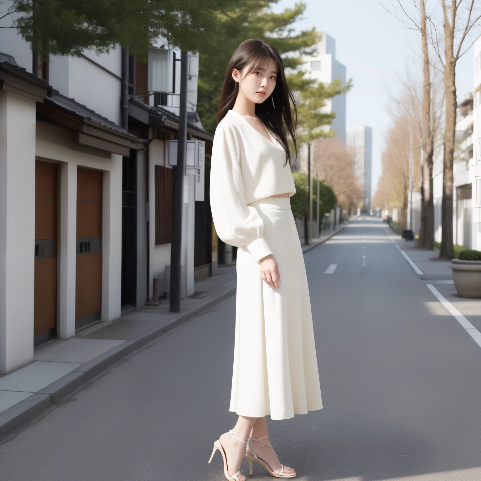 ((Full body:1.2,Hidden camera voyeur from the side:1.2,from a distance:1.2)),(Very beautiful 13 year old Japanese skinny girl:1.4),A girl wearing a pure white Tight mini skirt dress,Pure white high heels,disproportionate breasts,huge Breasts,arms behind back,looking at another:1.4,Anxious expression,from below,realistic,best quality,ultra-detailed,high resolution