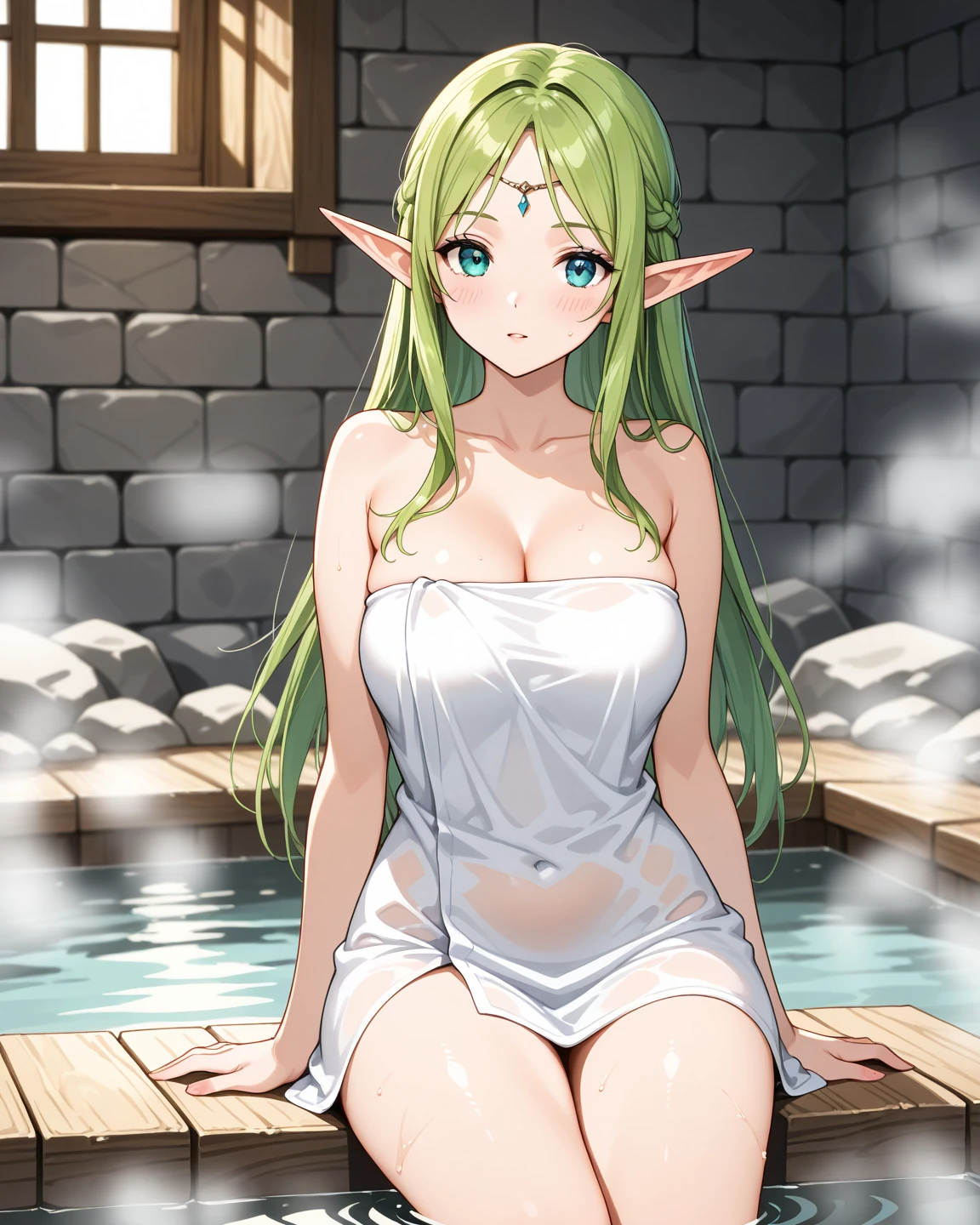 {{upper body, from behind}} {{Artist: Sincos}} 1girl, solo, mature female, elf, pointy ears, silver hair, long hair, blunt bangs, straight hair, blue eyes, long eyelashes, thick eyebrows, lips, huge breasts, seductive smile, nude, looking back, looking at viewer, onsen, sitting, medieval fantasy.