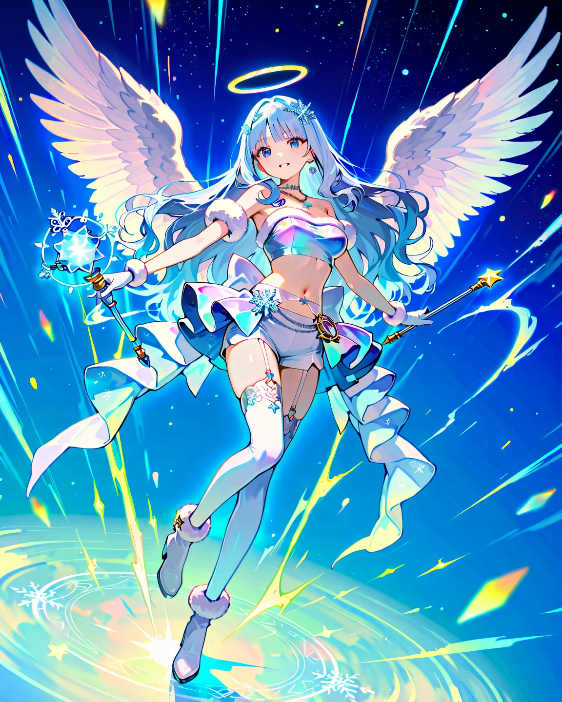 (masterpiece), (highest quality), (Super detailed), official art, one girl, silver hair , , , Blue and white see-through robe, No sleeve, off shoulder, small, small, small, underboob, cleavage, thigh focus, Navel exposed, white wings, card illustration, Angel at the fountain