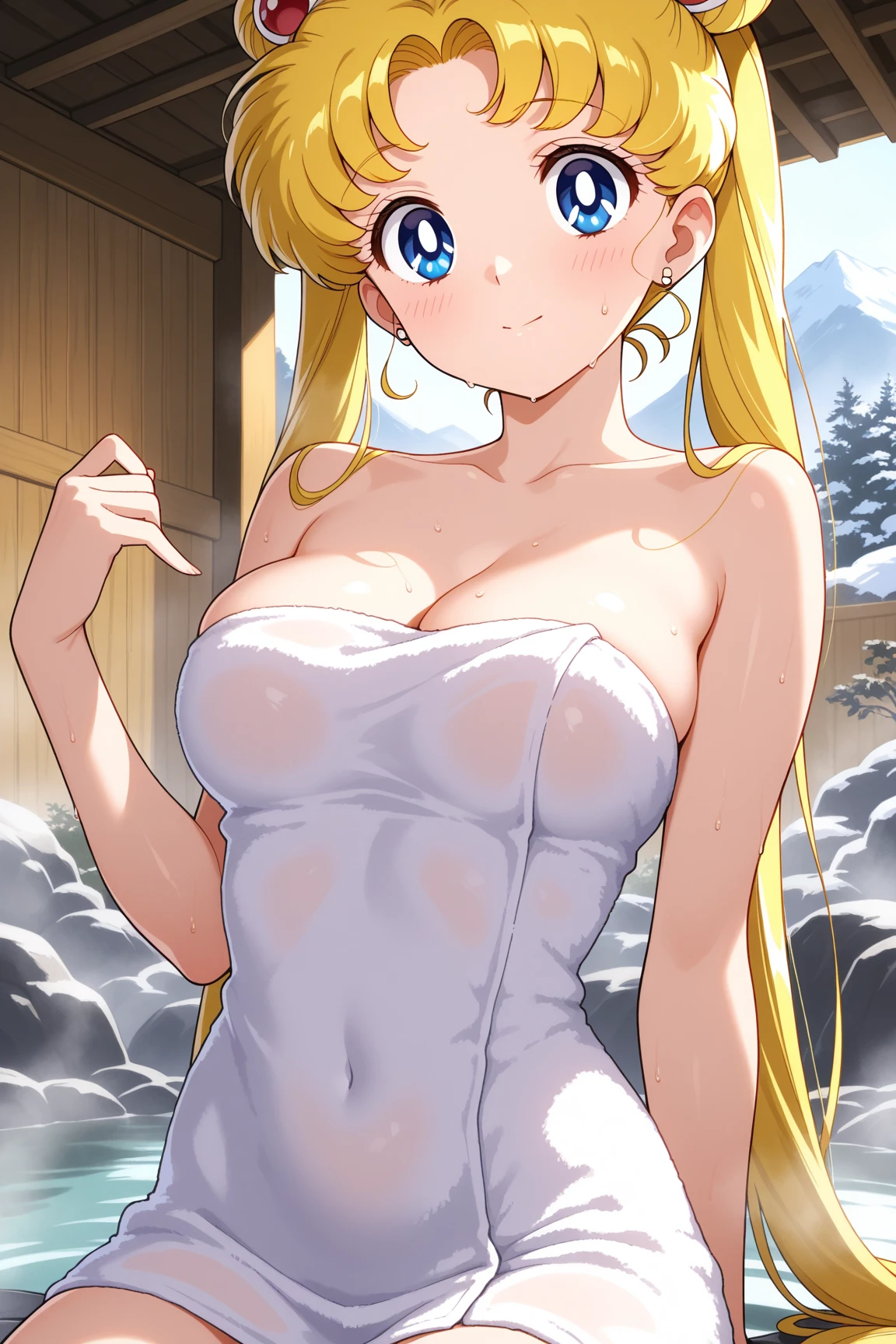 masterpiece, Highest quality, High resolution, (Tsukino Usagi),1990s \(style\),White swimsuit、White Bikini,(D-cup beautiful breasts),Sweating all over the body、vapor、(One Man and One Woman)、((Sex))、penis,Hosomi、(sexy)、(nsfw),A face writhing in pleasure、The whole body is covered in sex fluids、Sweaty、Composition looking up from below、Crying face、Semen splattered on face、Anime-style painting style,Blonde、A composition that focuses on the whole body,The background is a hotel room