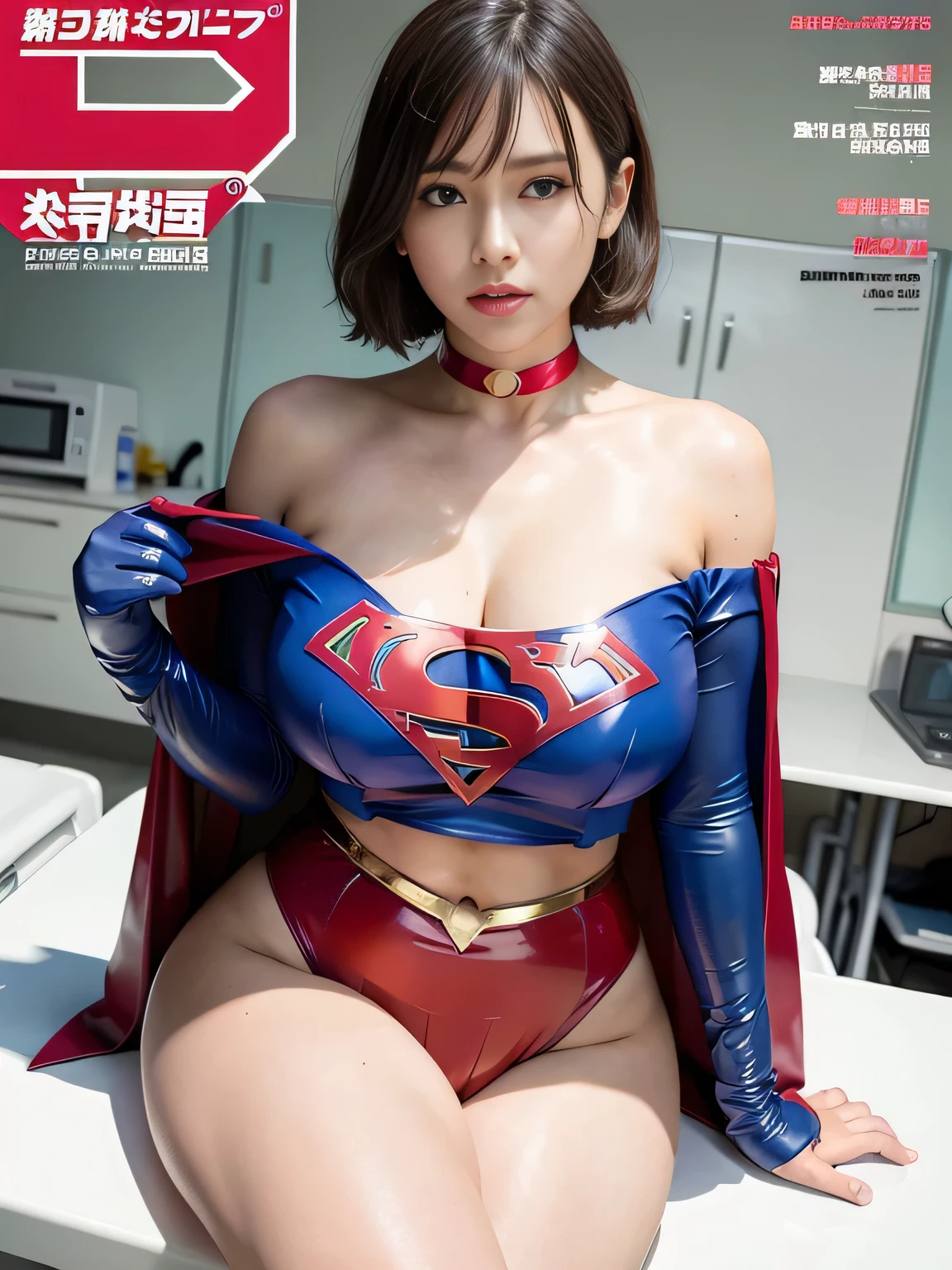 masterpiece、Rubber Supergirl Costume、short hair、barefoot、Big and ample breasts、shiny sweaty skin、looking at the camera、choker、Long sleeve、Sexy poses to seduce、Off the shoulder、latex、From the front、In front of the laboratory equipment in the hospital room、High leg leotard、Cape、Glamorous cleavage、Photo magazine cover、Boasting beautiful legs、Nymphomaniac young wife in her 30s、Close-up shot from a close distance、Bare legs、