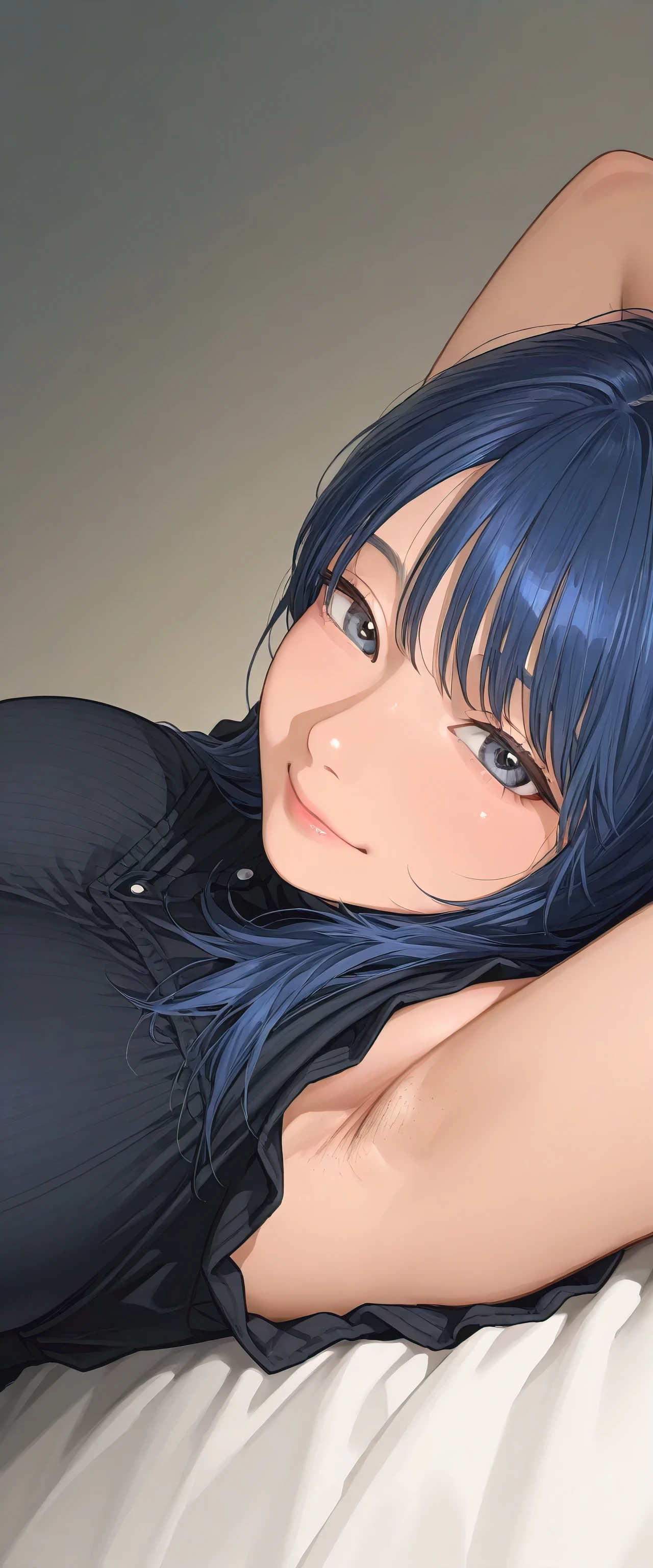 armstb,armpit stubble,Young man with long blue hair, black dress wearing a short sleeve blouse,Reclining, cold light, relaxed expression, realistic skin, subtle focus on the armpit, soft texture on the skin, seen from above, close side angle, intimate frame , faded background,big breasts,armpit with a lot of stubble of hair, romentic cute smile face.