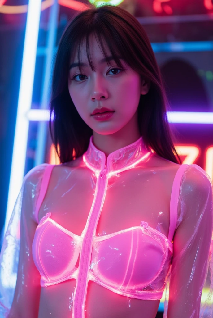 Top Quality, Masterpiece, High Resolution, 8k, wide objective, full body shot, ambient lighting from behind, (((skinny cute girl, barely legal, age 14), (oversized silky see-through puffer jacket with plunging Neckline, off-shoulder, short sleeves), mediumperky breasts, extremely detailed face, detailed eyes, thin eyebrow, detailed lips, no makeup, long slick ponytail side shaved hair, small hips, (in a spaceship, on a bed), dim light, dramatic and neon colors, futuristic setting, intricate details, at night, random pose, random neon colors))