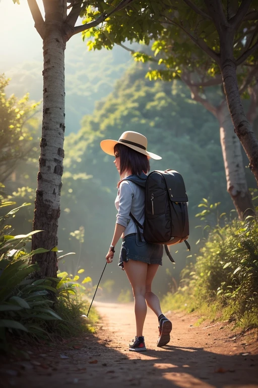photography of a 20yo woman, perfect face, masterpiece, bra, underwear, black_bra, jacket, black_panties, a red-haired girl climbing a mountain carrying a backpack and wearing shoes and a hat