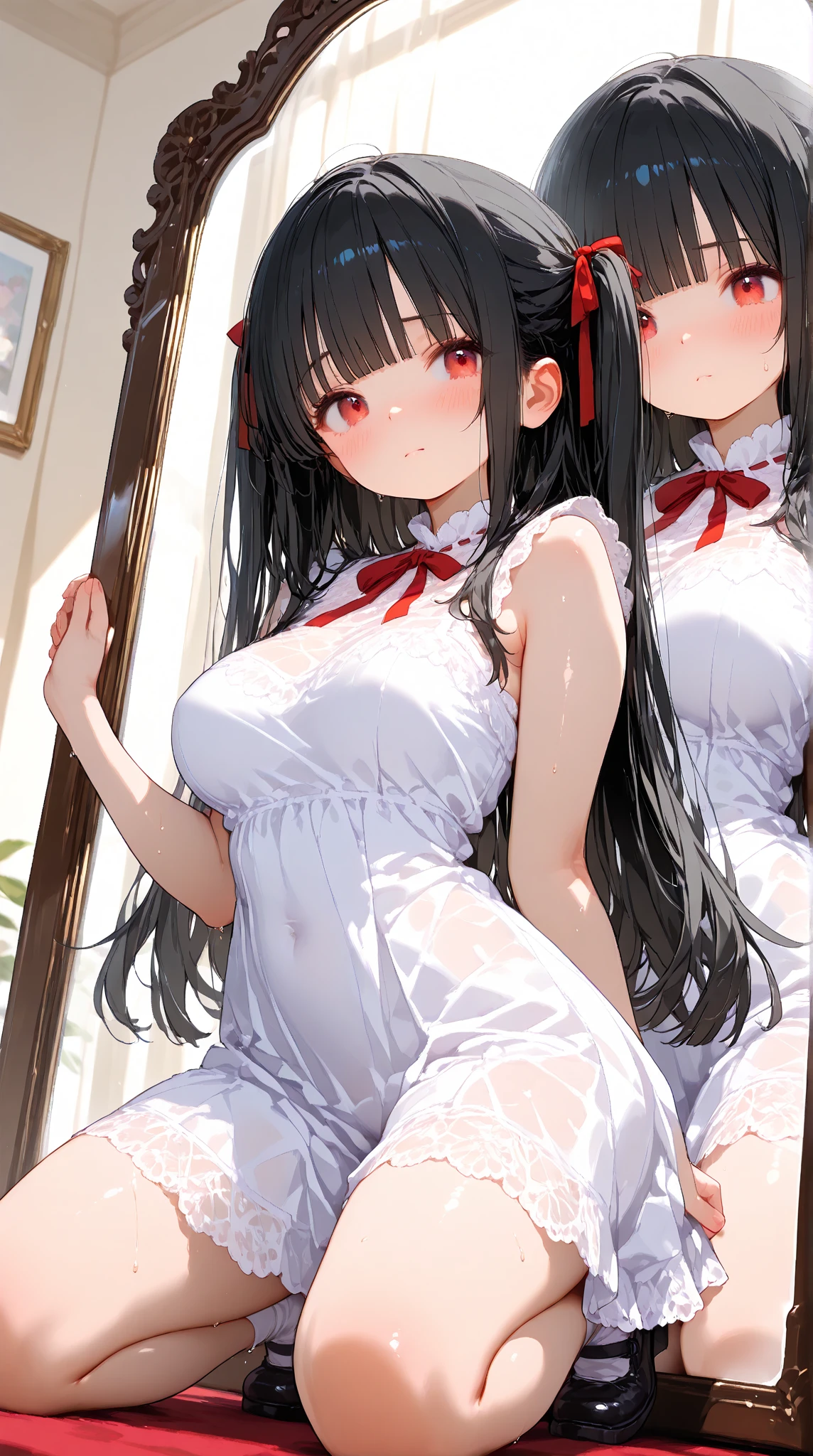 A woman with big ，Black long hair，twintails，Exquisite，Red ribbon，sleeveless，Loose collar，Slim waist，pubic，Playful skirt，blush，A cute daughter，Dressing room，