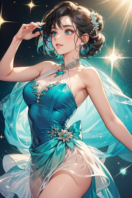 masterpiece, 4K wallpaper, cinematic light, absurd, trait 1 girl, amber hair, silver earrings, (small crystal float:0.6), crystal floating, particle glow, fantasy gold costume,