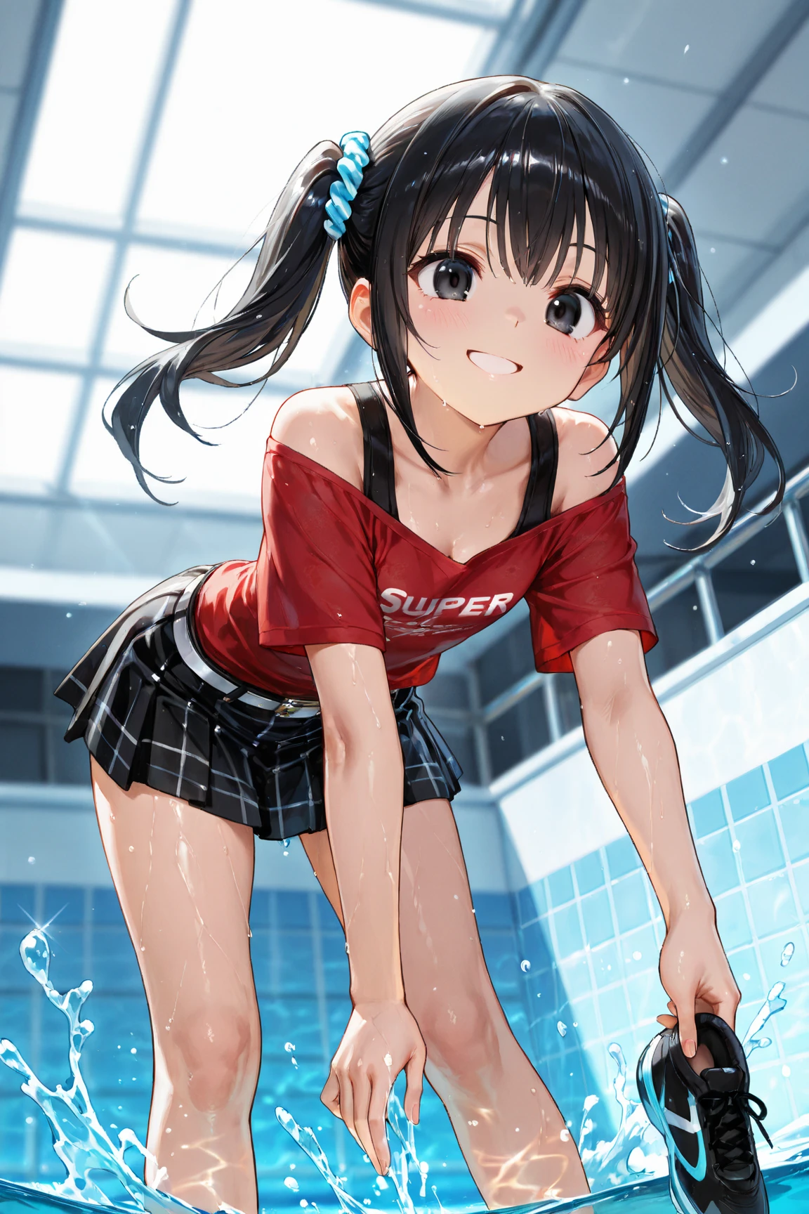 best quality, very aesthetic, Super detailed, best illustration, nsfw, pussy focus, 1girl, おっぱい, aroused, black_hair, school swim suit