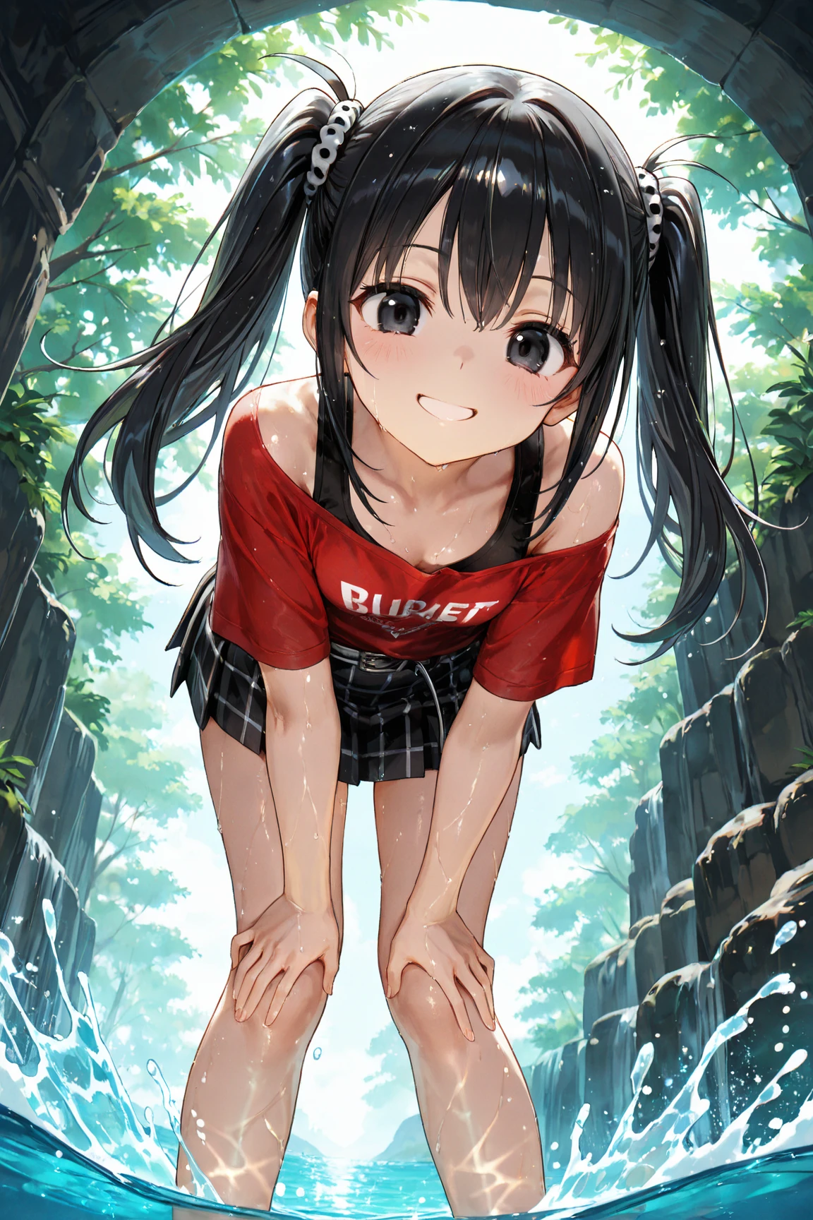 2girls,squatting,open legs,spread legs,outdoor,miniskirt,panties,from below,(smile,blush),short socks,sweating