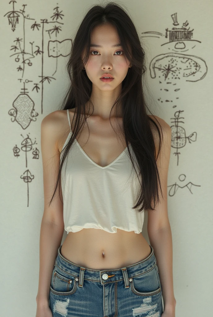 raw photo, 8k, (top-quality), Realistic, (real picture, Intricate details), (natural skin texture, detailed skin, hyper realism, sharpness), (Japanese college girl standing in an abandoned apartment building, hands behind head, armpits exposed, showing armpits), ((white tight tank top, Distressed denim pants, low rise baggy pants)), (((Small chest:1.4))), Fair skin, sweaty skin, ((Wavy long hair, One-length hairstyles)), (akina-nakamori, neat face, Parted lips, glasses), Room being demolished, dusty room, cracked wall, Messy floor, Pile of rubble:1.3, broken window, cracked Window glass, Hard lighting:1.3, sunset light, Full body shot
