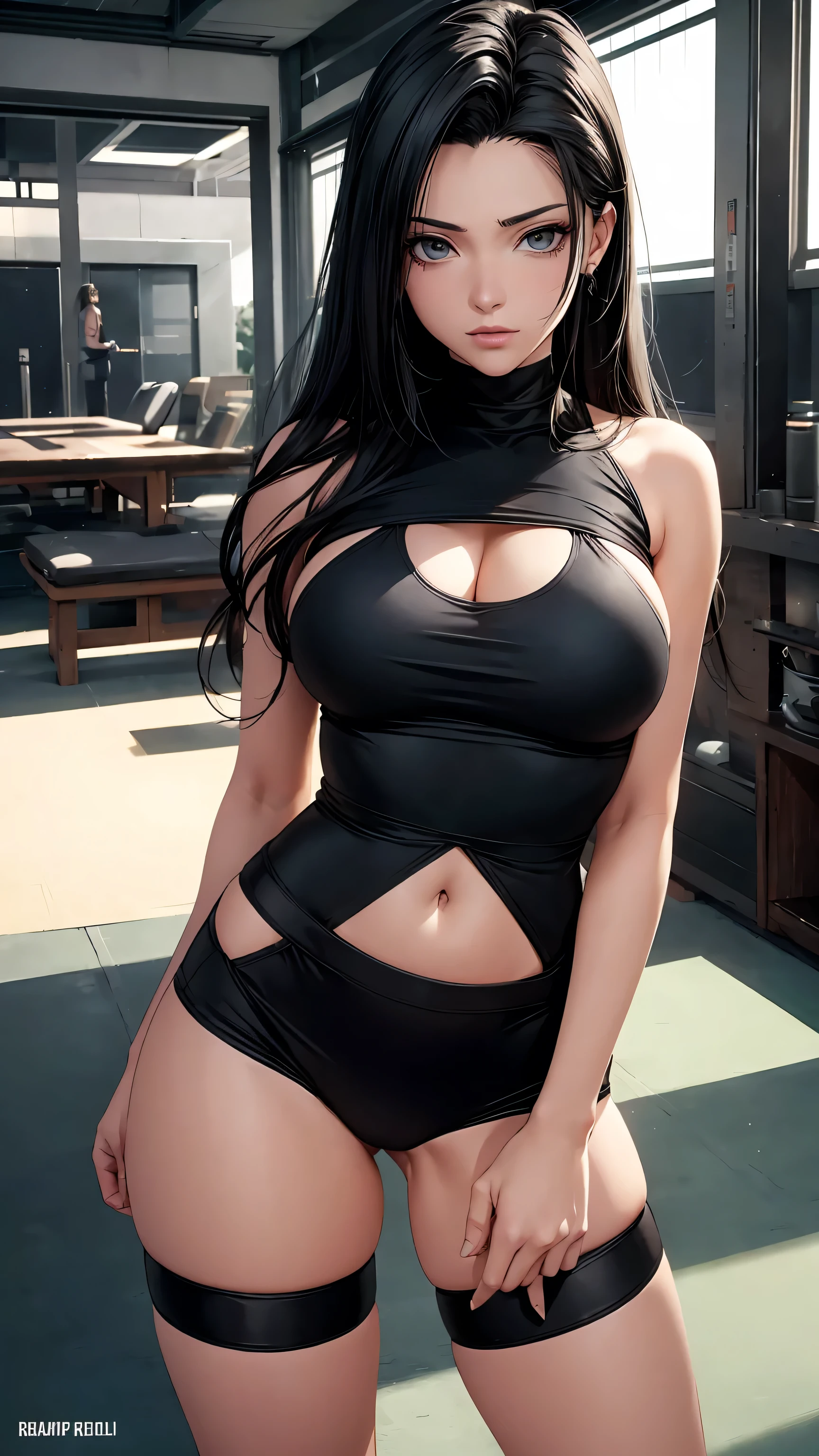 Beautiful Russian girl 18 years old, Black long hair, fine face, (Cyan eyes), long t-shirt, big breastes, Posing, shapely thighs, Sexy black lingerie, (((stocklings))).