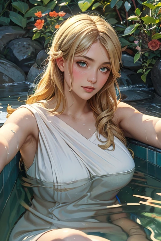 Masterpiece, Best Quality, Film Stills, 1girl, blonde, light blue eyes, slim, Tits , naked, nude, Looking at the Audience, Wet skin, breasts, pussy, perfect skin, Swimming in the River, Mountains in the Distance, White Clouds, Bright, Warm Soft Lights, Sunset, Detailed Water Surface Ripples (Water Droplets: 0.7)