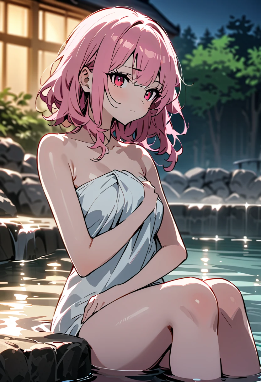 (((ultra high definition))), masterpiece, best quality, 8K, Accurate description, Carefully painted, Meticulous details, ((Open-air hot spring in Japan at night, Large old hot spring pond, Hot springs, steam)), a girl, White skin, perfect face, (Brown, Technical perms and dyeing, wet, Extra long curly hair), ((cute look)), Detailed depiction of facial features, blue shining eyes, long eyelashes, double eyelids, 有Sweat, pink moist shiny lips, Shiny earrings, Close your eyes and enjoy, blush, ((Mature and natural figure)), Beautiful body, perfect body structure, small breasts, side boob, ((bath towel)), seductive cleavage, Sweat, (Take a rest when you are tired), (Perfectly detailed hand-drawn renderings), soft side light, perfect composition, ((bust)), Rich environmental details, dim environment,