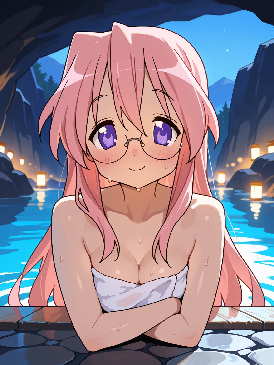 rabbit girl,furry,pink long hair,pink fur,ultra detailed fur,black long hair,outdoor bath,moonlight,night,pond,sit,light and shadow,nude,bath,neck fur,pubic fur,blush,looking at viewer,wet body.armpits fur,wet breasts,erect nipples,wet legs,wet arms,sweat,glasses,smile